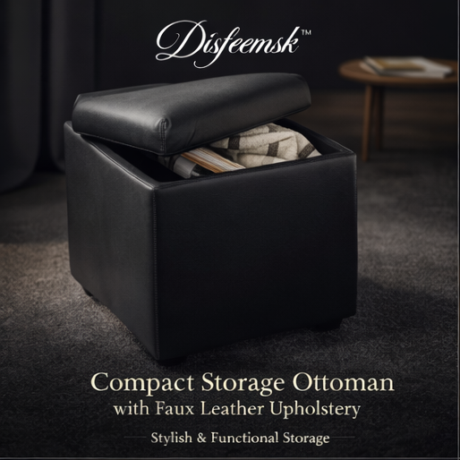 Disfeemskβ’ Compact Storage Ottoman with Faux Leather Upholstery, Storage ottoman, Faux leather furniture, Multi-purpose ottoman, Space-saving furniture