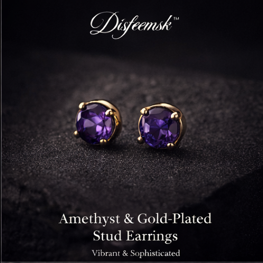 Disfeemsk™ Amethyst & Gold-Plated Stud Earrings, Amethyst earrings, Gold-plated jewelry, Stud earrings, Gemstone earrings
