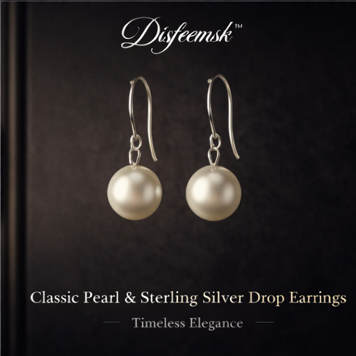 Disfeemsk™ Classic Pearl & Sterling Silver Drop Earrings, Pearl earrings, Sterling silver earrings, Classic jewelry, Drop earrings