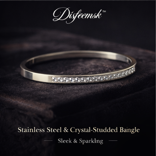 Disfeemsk™ Stainless Steel & Crystal-Studded Bangle Bracelet, Stainless steel bangle, Crystal bracelet, Elegant bangle, Stacking jewelry
